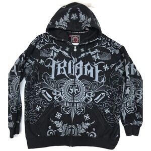Tribal Gear Hoodie Mens Large Black Full Zip Tattoo Graphic Sweatshirt‎ Fleece